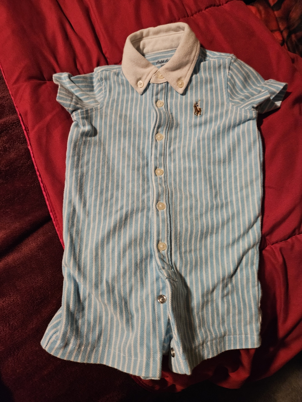 Ralph Lauren Light Blue & White Striped Button-Down Baby Romper